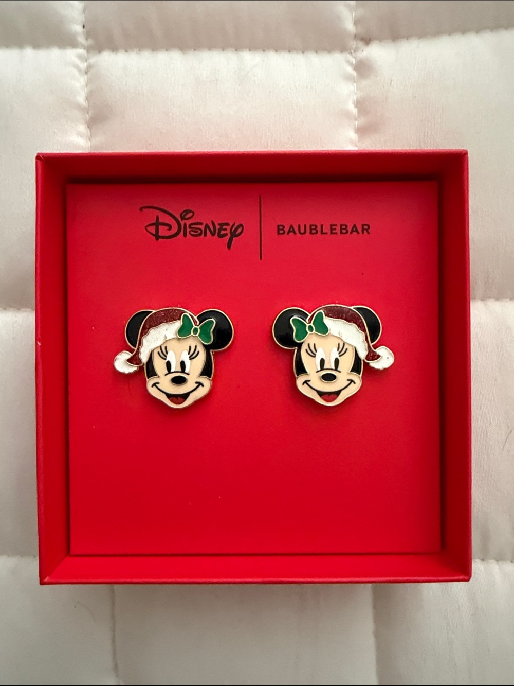 New In Box Disney Minnie Mouse Holiday Stud Earrings by BaubleBar - Red/Green